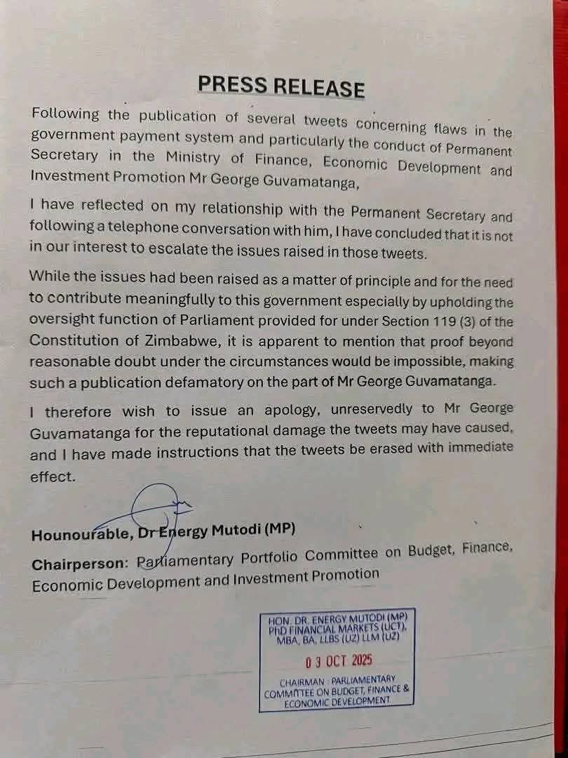 Energy Mutodi’s apology to George Guvamatanga, the Finance Ministry’s permanent secretary, changes absolutely nothing. A statement written under political pressure does not absolve anyone of corruption, it simply exposes how power protects itself in Zimbabwe.

When a Member of