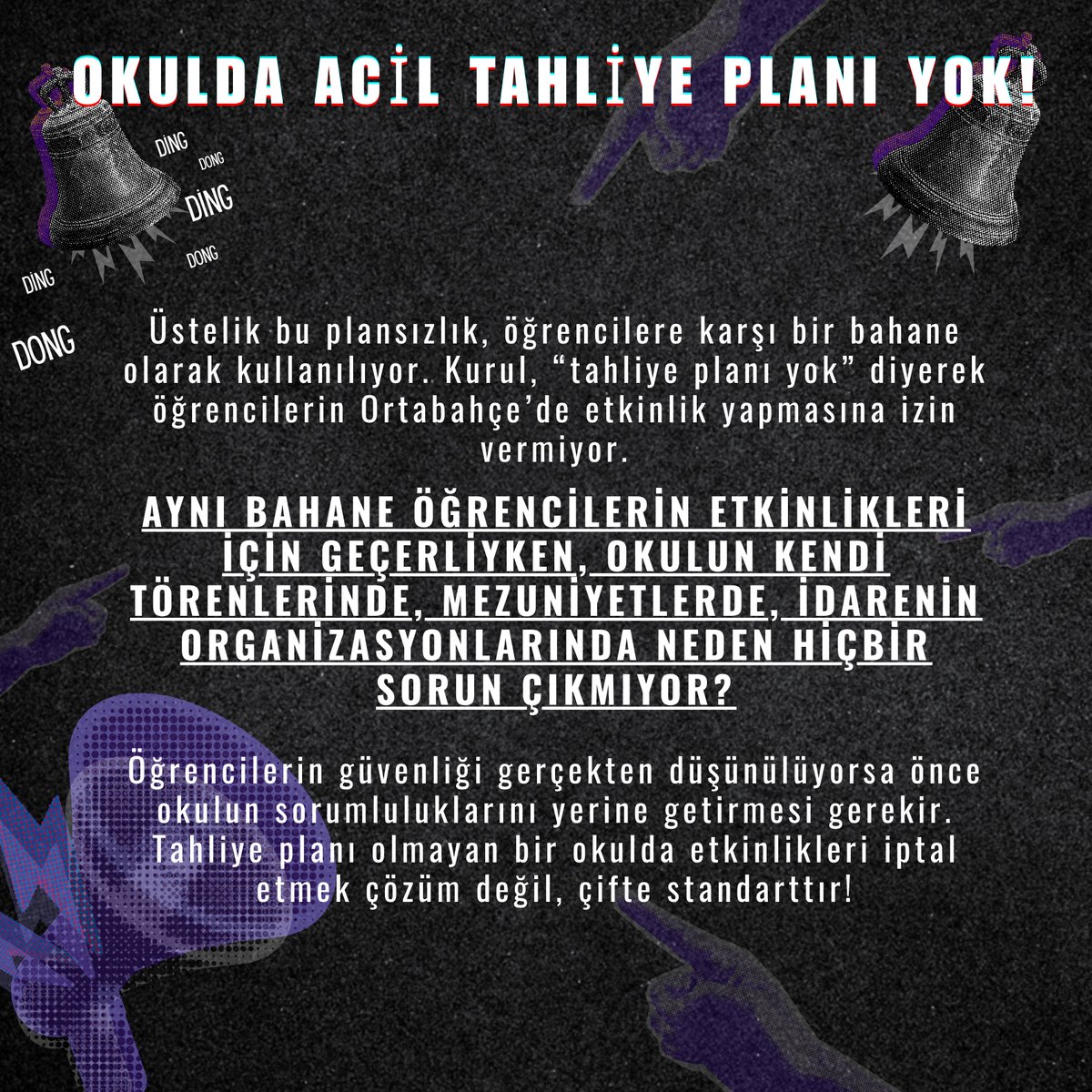 🚨 TAŞKIŞLA’DA TAHLİYE PLANI YOK! 🚨
Yangın alarmı yok, güvenlik yok, acil çıkış düzeni yok!
Öğrenci etkinliklerini “güvenlik” bahanesiyle engelleyenler, kendi sorumluluklarını neden yerine getirmiyor?
Taşkışla’da güvenlik değil, çifte standart var.