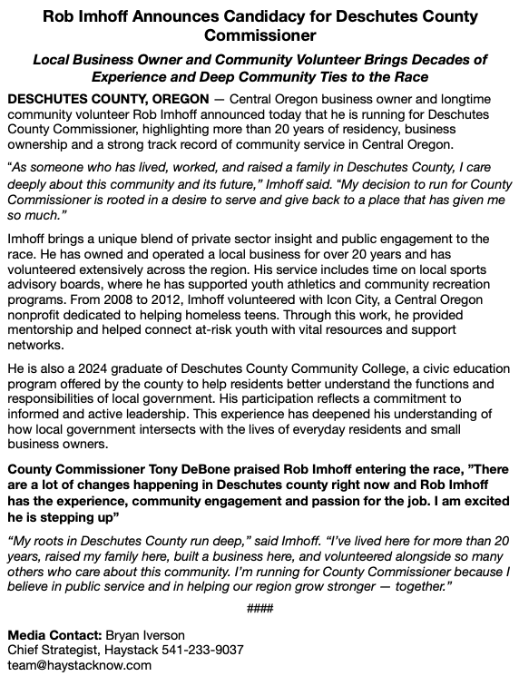voteimhoff's tweet photo. Big news: I officially filed to run for Deschutes County Commissioner!
I’m ready to serve the community I’ve called home for 20+ years. Let’s get to work!
Please share this post to help spread the word — and if you’d like to help, message me!  #TeamImhoff #DeschutesCounty https://t.co/ycBkjkViRC