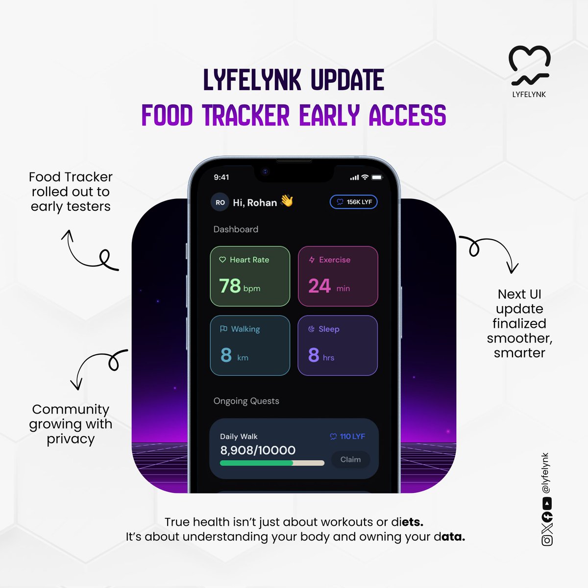 This week at Lyfelynk 👇

✅ Rolled out the Food Tracker for early testers
✅ Finalized next UI updates (smoother, simpler, smarter)
✅ Continued building a community that cares about privacy, ownership, and real wellness

Because true health isn’t just about workouts or diets.