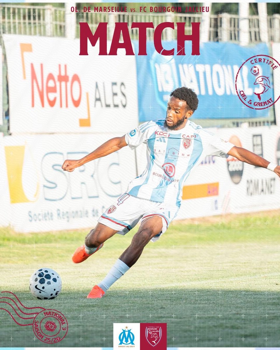 ⚔️ 𝐌𝐚𝐭𝐜𝐡 𝐃𝐚𝐲

🐬 Cinquième journée de National 3 pour nos Ciel &amp; Grenat ce samedi avec un déplacement sur le terrain de l’Olympique de Marseille. 🔥

⚔️ <a href="/OM_Officiel/">Olympique de Marseille</a> 
🗓️ Sam. 04 Octobre | ⌚️ 18h00
📍OM Campus ~ Marseille
📲 Live et Insides sur nos réseaux
