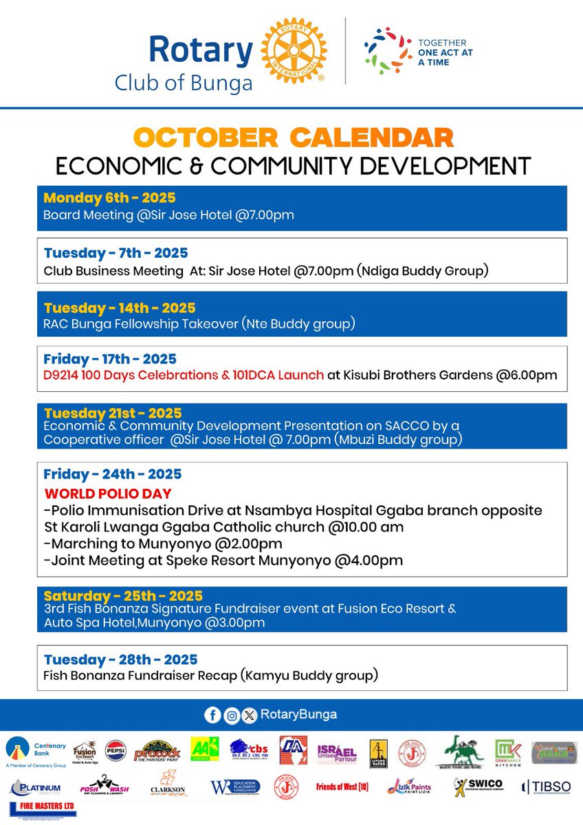 Hello, October! 

A new month of 📚 learning, 👥 fellowship, 🎉 fun &amp; 💡 impact!

Check out Rotary Club of Bunga’s October lineup — let’s serve &amp; grow together! 🌟

#OctoberVibes #RotaryBunga #OneActAtATime #PeopleOfAction