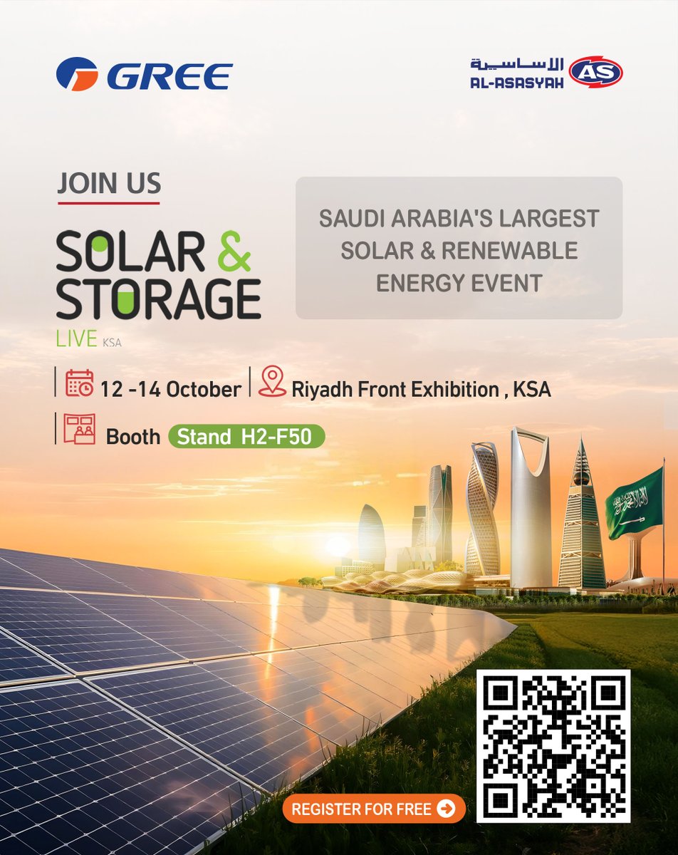 basicelec's tweet image. 1 week until Solar &amp;amp; Storage Live
We are happy to meet you taking place from
12–14 October 2025 at Riyadh Front Exhibition
&amp;amp; Conference Center!
📍Visit us at Stand H2-F50
 🎫Register for free: tinyurl.com/bdp96p6w 

@G_zhuhai
@Gree_KSA

#SolarStorageKSA #GREE #Futur…