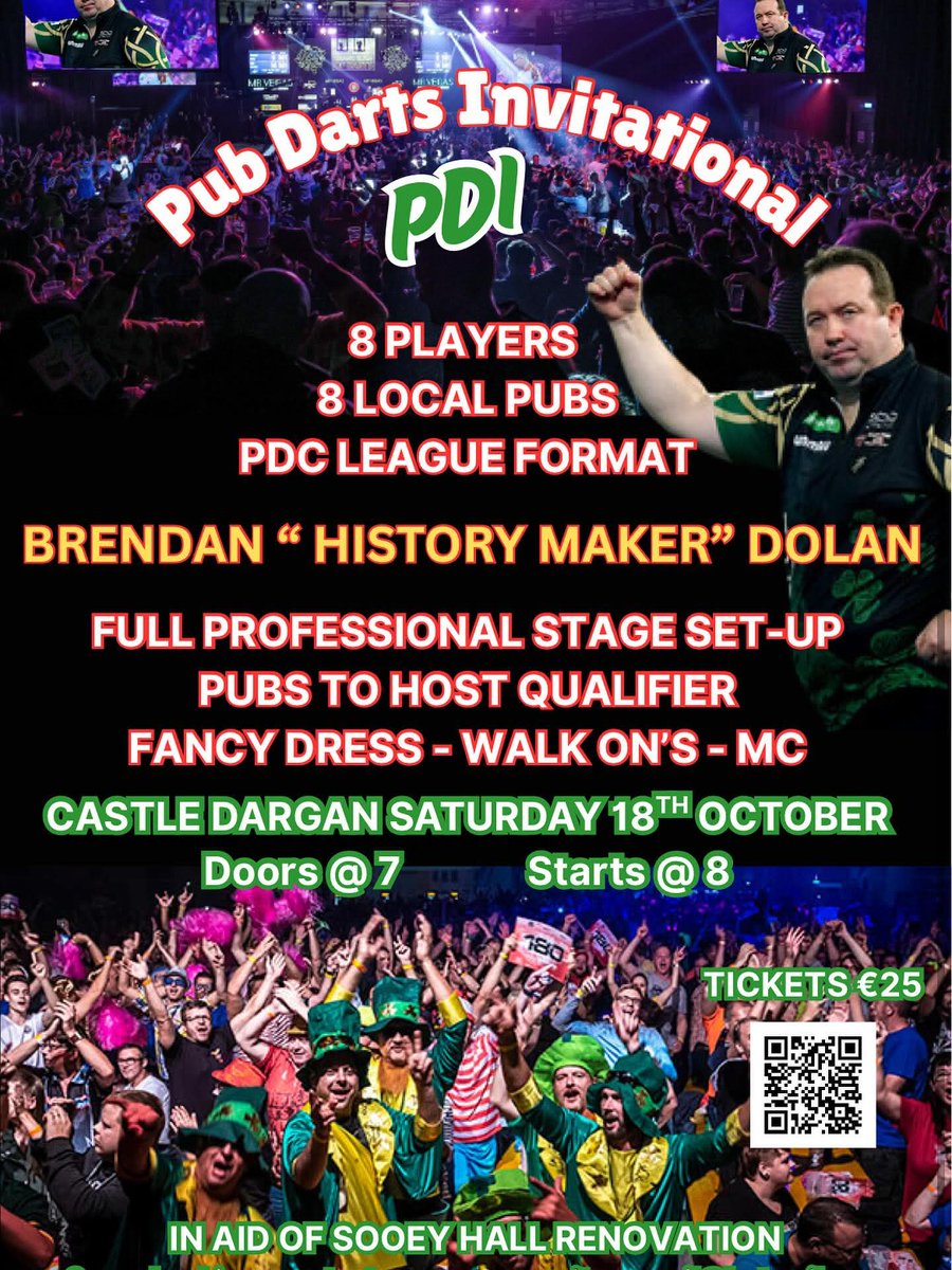 Just two weeks to go until the PDI darts night in <a href="/CastleDargan/">Castle Dargan Hotel</a> with special guest <a href="/BrendanDolan180/">Brendan Dolan</a> 

Get your tickets via the QR code or <a href="/ticketstopie/">ticketstop.ie</a> 🎯🍀🇮🇪