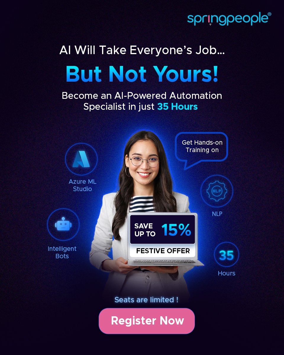 SpringPeople_SP's tweet image. Why wait for AI to take over when you can master it? Join our 6-day Aartificial Intelligence for Beginners course and stay ahead of the curve.
Know More: springpeople.com/introduction-t…
#ArtificialIntelligence #AIForBeginners #AICourse #FutureOfWork #AITraining #SpringPeople