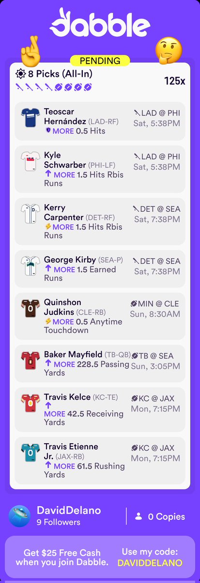 Sharing is caring so here's an MLB and NFL entry I placed on Dabble that you can copy!👌🥰💥🤞
click.dabble.com/ugiS/knp986rg