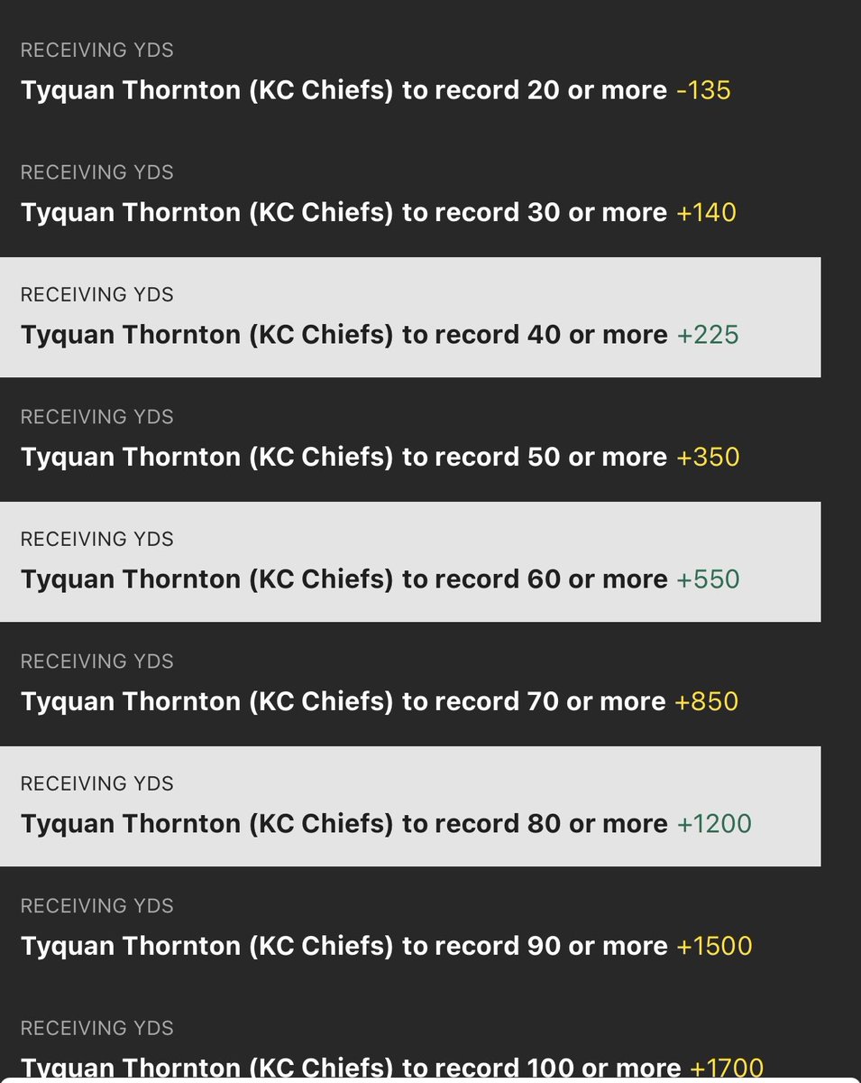 BetLogicAI's tweet image. Tyquan Yards Ladder 🪜 

Even w Worthy back he continues to get targets plus Worthy is banged up and questionable. In a shootout game w the Lions I expect him to be heavily involved.

365 has best odds by far 

22.5+ 0.5u
40+ 0.2u
60+ 0.15u
80+ 0.1u