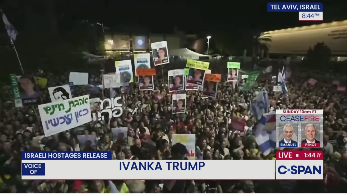 cspan's tweet image. LIVE now on C-SPAN: Ivanka Trump addresses hostage release rally in Tel Aviv