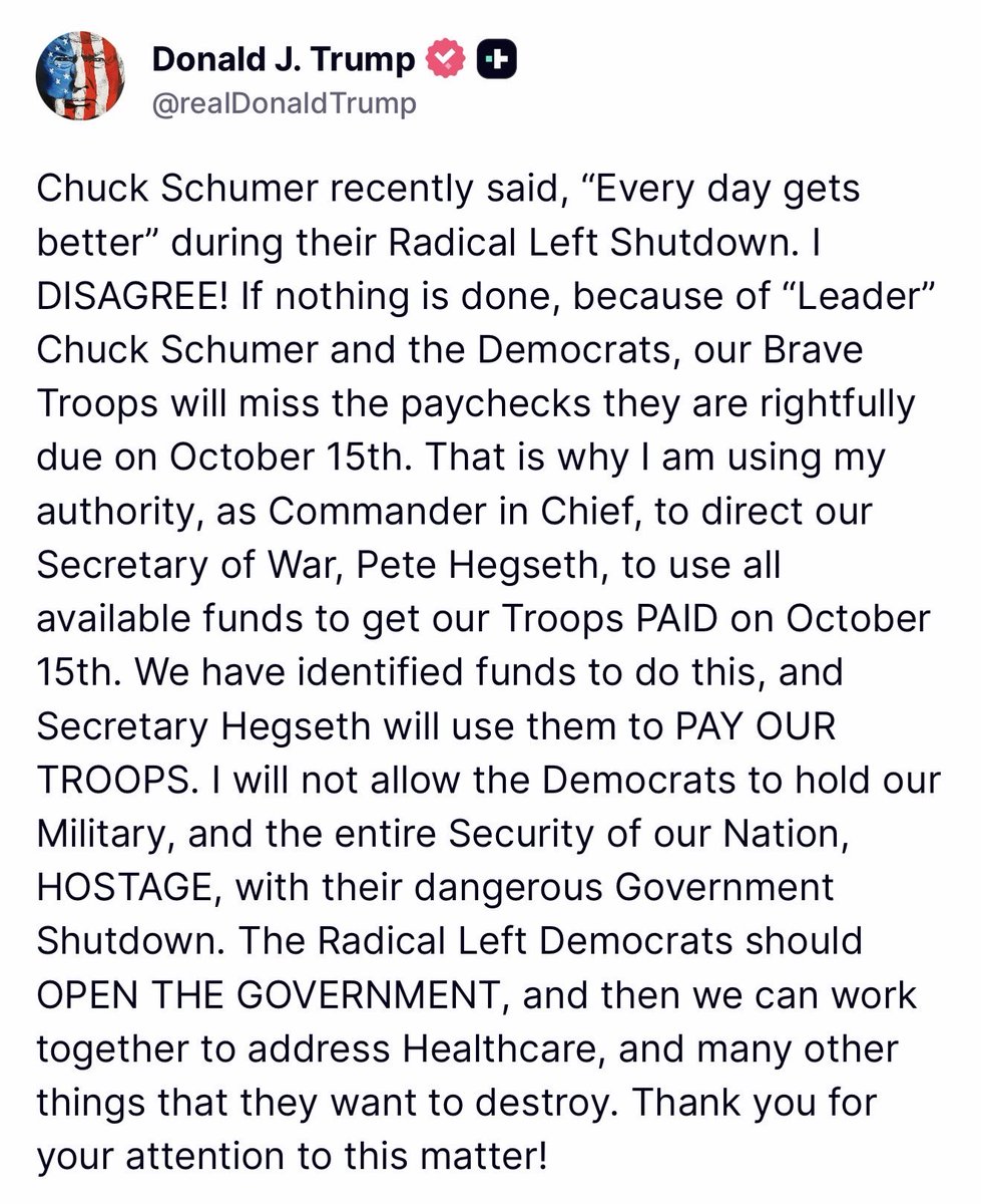 itsrosesm's tweet image. BREAKING 🚨
Trump says the Military will be paid on the 15th.
Democrats: Silence.