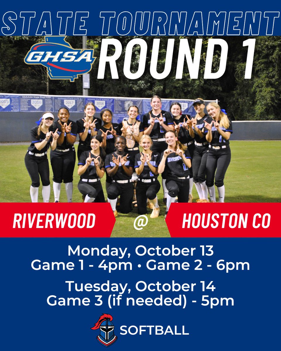 RICSAthletics's tweet image. Raider Softball will travel to Houston Co for the first round of the 5A State Playoffs. They&apos;ll play a best-of-three series, beginning with a doubleheader on Monday at 4pm &amp;amp; 6pm. Let’s keep it going, Raiders!

Check out the @OfficialGHSA brackets ➡️ ghsa.net/2025-2026-ghsa…