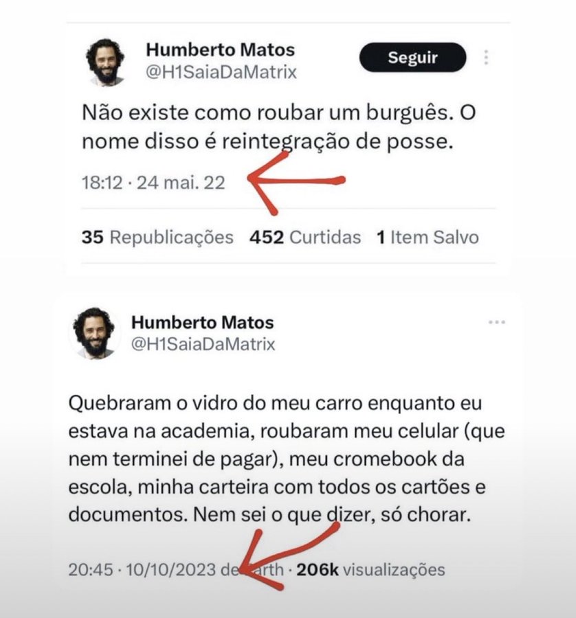 Two side-by-side screenshots of tweets. Left screenshot shows profile photo of man with beard, username HumbertoDaMatos, text in Portuguese about not stealing from a bourgeois but reintegrating possession, timestamp 18:12 24 mai 22, stats 35 Repúblicas 452 curtidas 1 salvo. Right screenshot shows same profile, text about broken car window at gym, stolen phone on Nubank page, wallet with cards and documents taken, unsure what to say so crying, timestamp 20:45 10/10/2023, 206K visualizações.