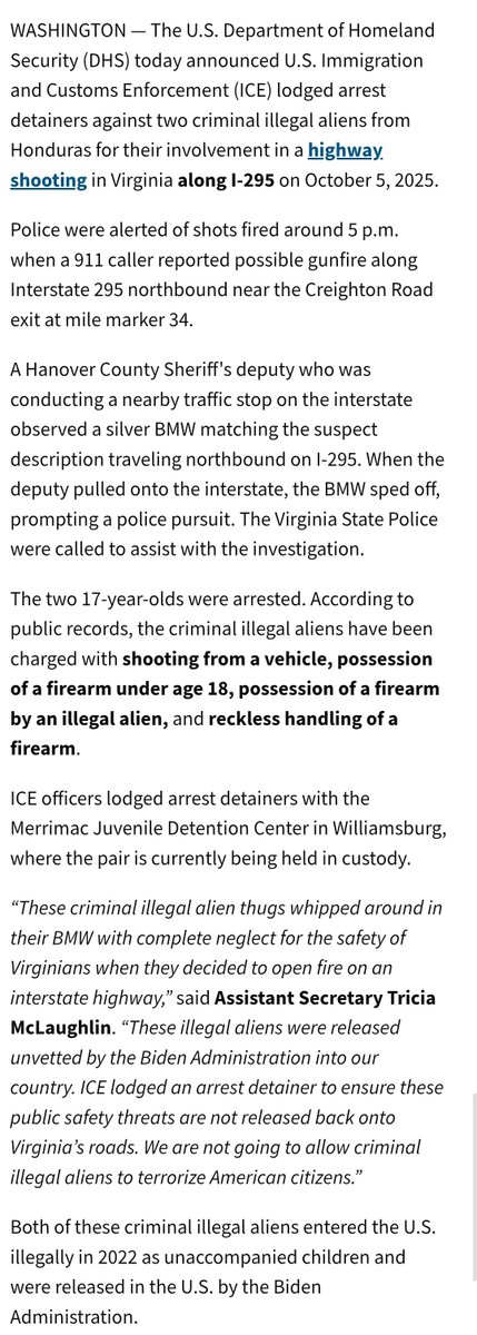 ImmigrantCrimes's tweet image. 🚨 Hanover County, VA: Last Sunday, two 17-year-old illegal aliens were arrested for Shooting from a Vehicle, Possession of a Firearm Under Age 18, Possession of a Firearm by an Illegal Alien, and Reckless Handling of a Firearm.

&quot;Both of these criminal illegal aliens entered the…