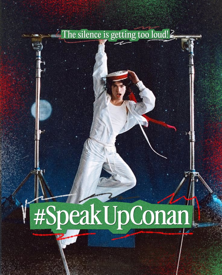 conanacervo's tweet image. We need to talk about silence.

Fans here on Twitter started raising #SpeakUpConan to draw his attention to Gaza.

Comment here with # and tagging @conangray and @coneworldhq. This is a serious matter. 

Estimates show that the victims of the genocide already exceed 67,000.