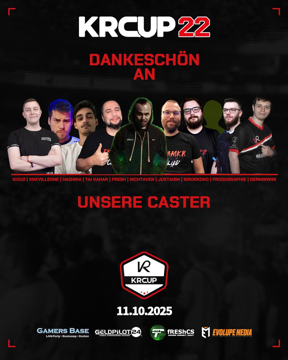 [ KRCup #22 ]

Wir bedanken uns bei allen Castern, die heute im Einsatz waren.

Dank euch ist der KRCup immer ein unvergessliches Event. 🫶

<a href="/derMiniwini/">derMiniwini</a> - <a href="/frodographie/">Uwe frodographie F.</a> - <a href="/NichtAven/">Aven oωo</a> - <a href="/TaiKahar/">Tai Kahar</a> - <a href="/XiouzT/">Xiouz_Tv</a> - <a href="/knxvilleOne/">knxvilleONE</a> - <a href="/fREShCS1/">fREShCS</a> - <a href="/juxtaism/">Juxtaism</a> - <a href="/Sirokkoko/">Sirokko Ko</a> - <a href="/DragonHeroGT/">DragoNツ</a> -
