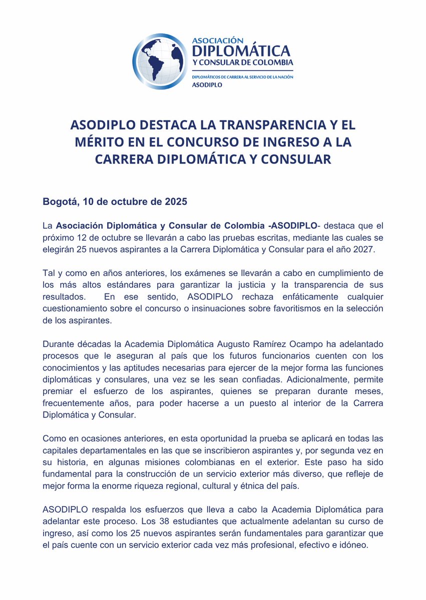 asodiplo's tweet photo. Señor Presidente, quisiéramos pedirle nuevamente, de manera respetuosa, que nos permita hablar con usted, entre muchas otras cosas para desmentir este tipo de afirmaciones que circulan frecuentemente sobre la Carrera Diplomática y Consular. El ingreso a la carrera es un proceso transparente, conforme a lo establecido en la ley y basado en el mérito que permite que colombianos de diversos orígenes accedamos al servicio exterior.