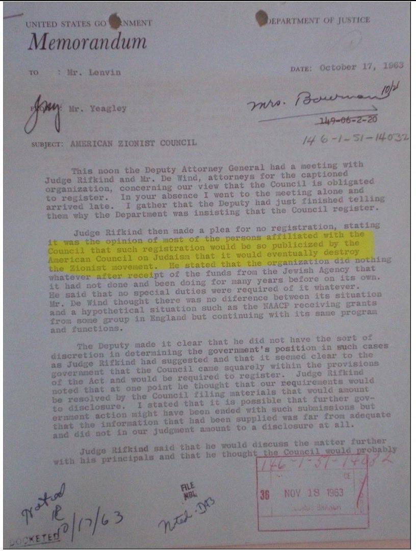 wallyrashid's tweet image. FACT: The only reason AIPAC is not registered under FARA is because JFK was assassinated.

AIPAC’s predecessor organization, AZC, was concerned registering under FARA would “destroy the zionist movement in America.”

After JFK’s assassination all the pressure was lifted.