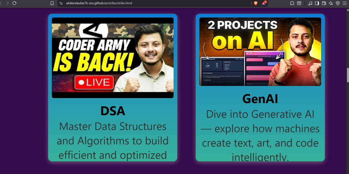 DasAlokendu's tweet image. My  PROJECT for Hackathon conducted by
@rohit_negi9
@adityatandon02
@CoderArmy

Website- alokendudas76-oss.github.io/strike/strike.…

GithubRepo- github.com/alokendudas76-…

#strike #HTMLCSSOnly #CSSChallenge