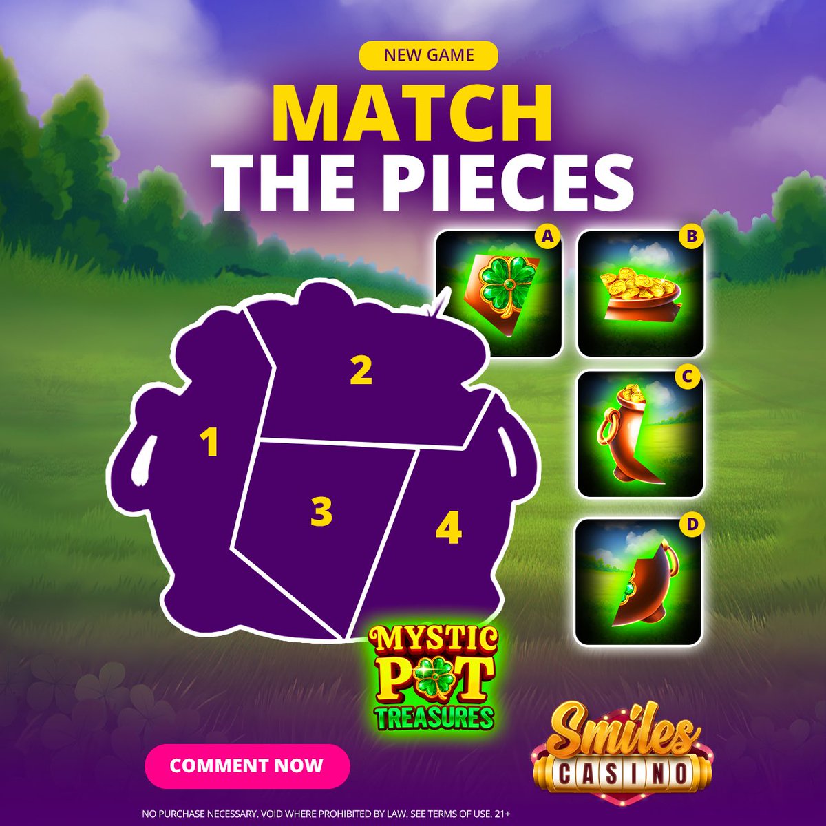 SmilesCasino's tweet photo. Smiles Challenge: Match the Pieces! ๐งฉ
Can you crack the puzzle? Match the numbered parts (1โ4) with the right piece โ A, B, C, or D! ๐ง
Drop your answers in the comments! ๐
Play the new Slotopia game Mystic Pot Treasures at Smiles Casino โ๏ธ
#SmilesChallenge #SmilesCasino https://t.co/6OvOtjMKfT