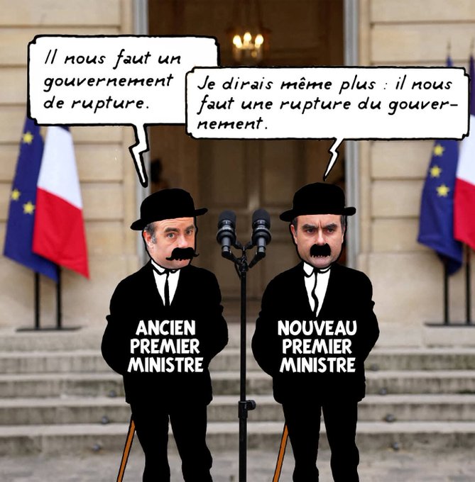 Two cartoon men with mustaches wearing black suits top hats and canes stand at podiums labeled Ancien Premier Ministre and Nouveau Premier Ministre with French flags in background. Speech bubbles read Il nous faut un gouvernement de rupture from left figure and Je dirais meme plus il nous faut une rupture du gouvernement from right figure. The scene is set before a government building entrance with columns and lamps.