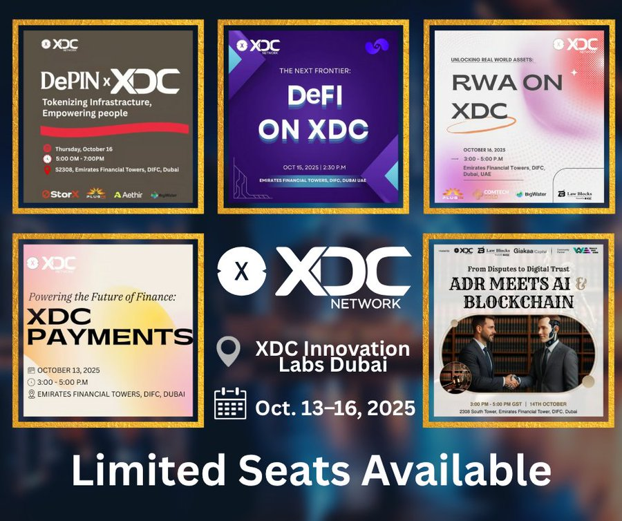 This week, Dubai welcomes innovation at scale. 

 <a href="/XDCNetwork/">XDC Network</a> leads the way in transforming
 finance, infrastructure &amp; digital trust. 💼

 Oct 13–16 | DIFC | $XDC Innovation Week 🚀

#XDC #BTC #ETH #XRP #Bitcoin #BillyBabe #englot #onlyfama #AIart #AHundredMemories #AIart