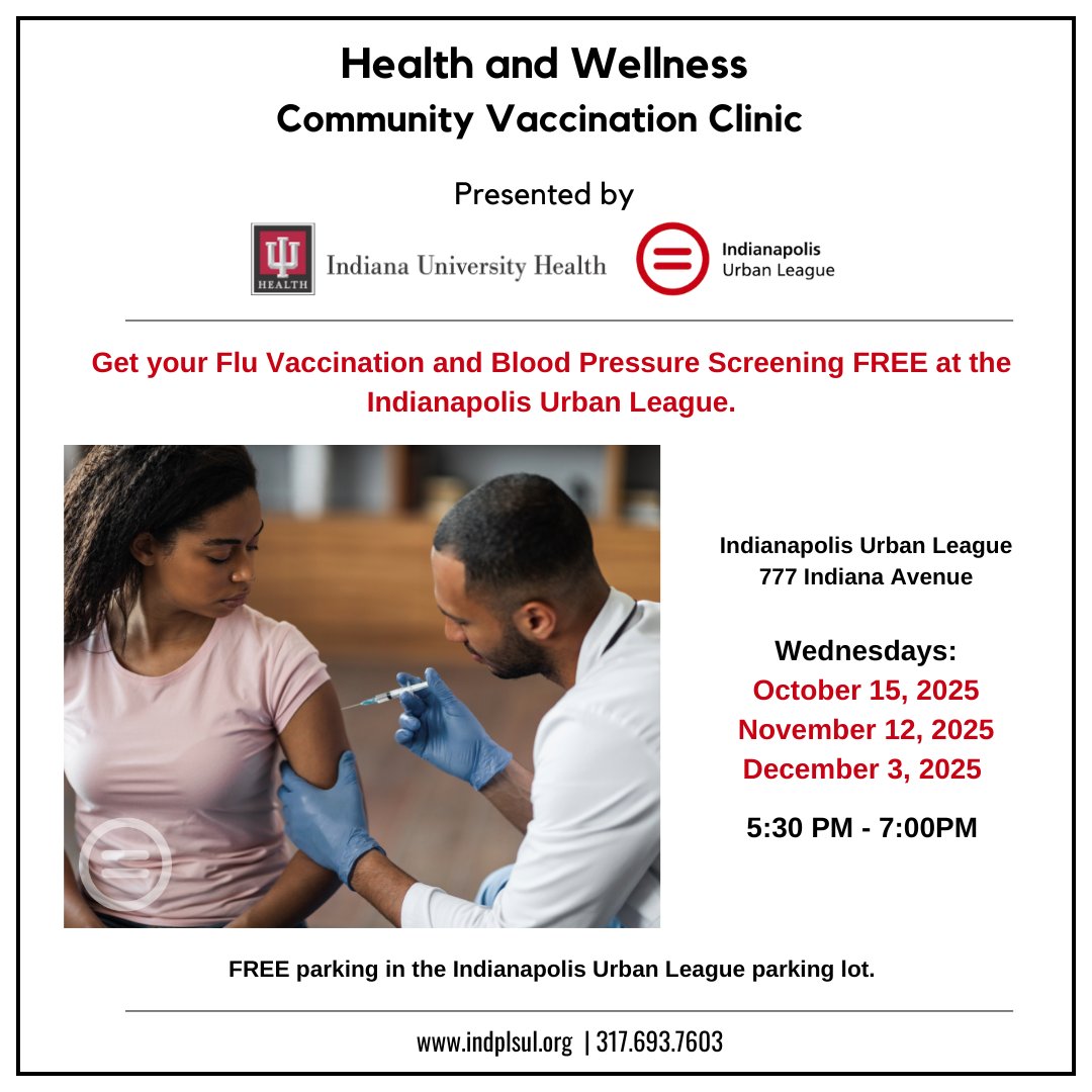 Get your Flu Vaccination &amp; Blood Pressure Screening FREE at IUL from 5:30 PM to 7:30 PM. Next Vaccination Clinic is Wednesday, October 15.  

Receive one $15 Kroger gift card &amp; meals with your flu shot in partnership with IU Health.

FREE parking in IUL lot. #indyul60