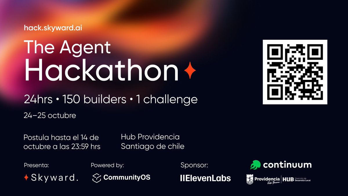 CommunityOS_'s tweet image. #TheAgentHackathon en #Chile.
📍24–25 de octubre 2025 en @hubprovidencia.
🗓️ hasta el 14/10/2025.
👾 Por @skyward_ai , con el apoyo de @ElevenLabsDevs , @elevenlabsio , @continuumhq , @hubprovidencia
👉 ow.ly/qQIe50XaaTH