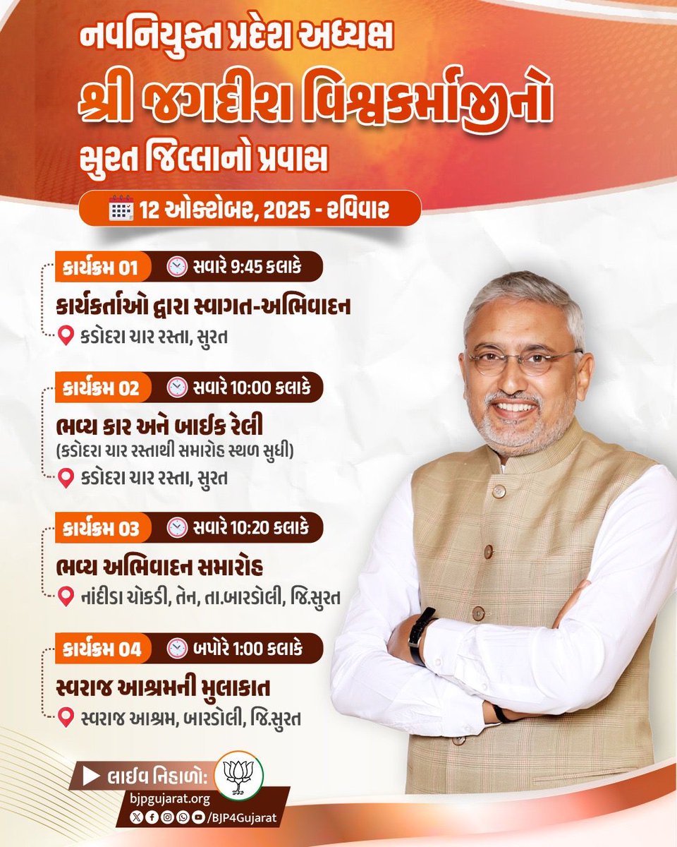 jaydeepbjp99's tweet image. ભારતીય જનતા પાર્ટી, ગુજરાતના નવનિયુક્ત પ્રદેશ અધ્યક્ષ શ્રી @MLAJagdish જીનો સુરત જિલ્લાનો પ્રવાસ
તારીખ: 12 ઓક્ટોબર, 2025 - રવિવાર