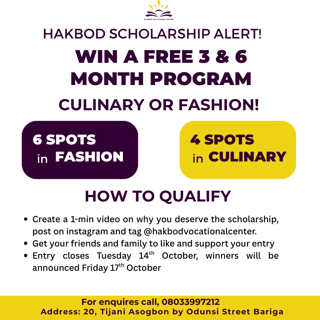 hakbodschool's tweet photo. Dreaming of becoming a Chef or Fashion designer but haven’t made the move yet? This is your moment!✨
Entry closes Tuesday, Oct 14th. Don’t miss this opportunity!

#HakbodVocationalCentre #HakbodScholarship #FashionDesignSchool https://t.co/su6dcSXU5z