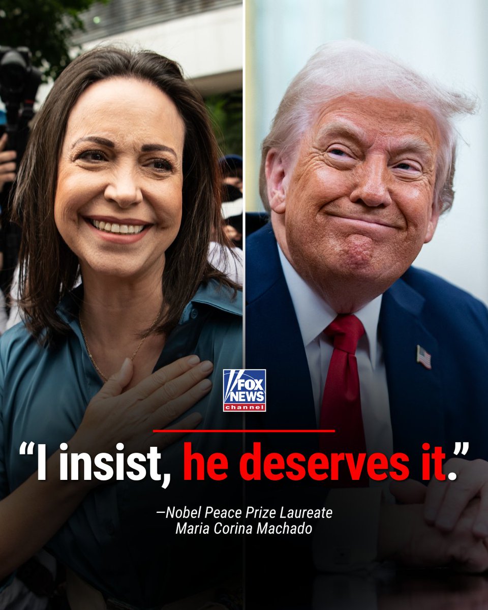 FoxNews's tweet image. PRAISING PEACE: 2025 Nobel Peace Prize Laureate Maria Corina Machado tells @foxandfriends she&apos;s dedicating her honor to President Trump, commending the president&apos;s &quot;clear and courageous&quot; actions to stop notorious criminals and put Venezuela &quot;at the threshold of freedom.&quot;