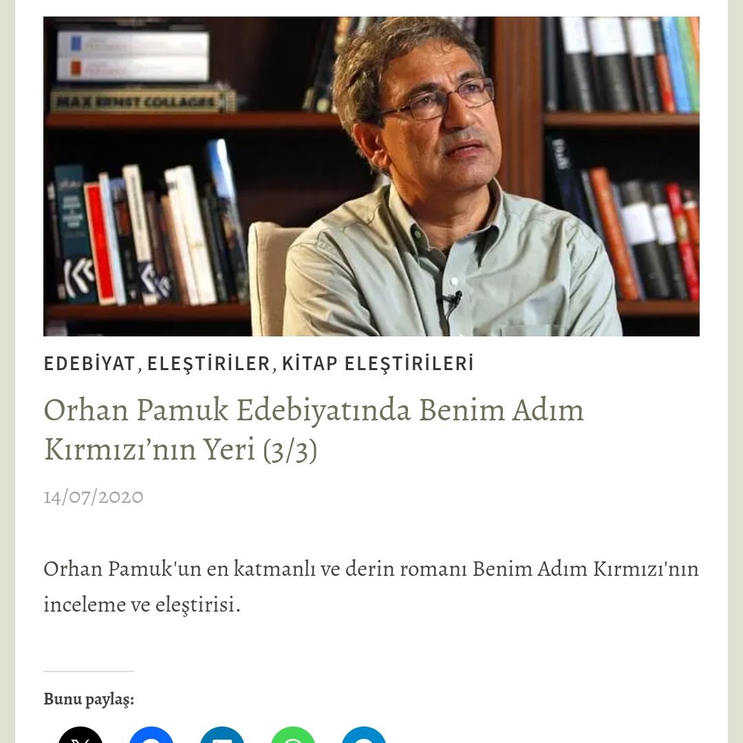 Orhan Pamuk külliyatını 2020'de bitirmiş ve o günün birikimiyle birkaç yazı yazarak konuyu kafasında bitirmiş bir insanın özgüvenine sahibim. 💅

🔗 Yazılar profilimde linki bulunan bloğumdadır.