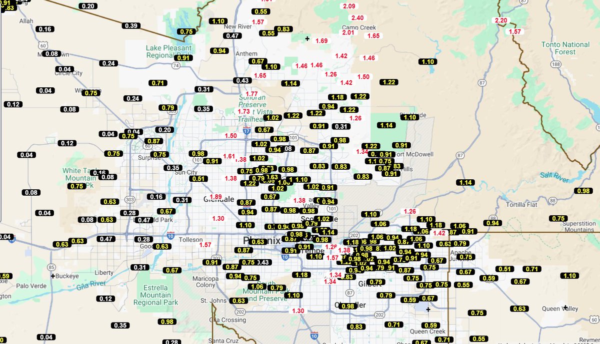 Here are the 3-day rain totals for the Phoenix area (so far).  More than 1" of rain at Sky Harbor...normal rain for the entire MONTH is .56"  
Rain Saturday (10/11) of .70" beats the previous daily record of .31"
#rain #rainfall #storm #weather #phoenix #arizona #azwx #az