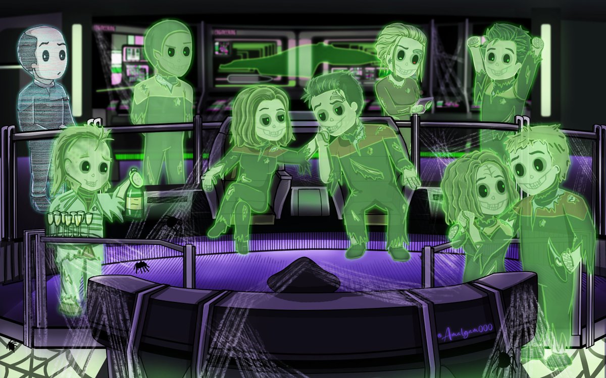 Amalgam000_JC's tweet photo. #GhostShip 👻 Happy #Halloween 2025! 💜 
The #Voy crew celebrate their 1st glimpse of Earth... ☠️

(The 2nd version is a treat for my fellow #JCers 😁)
#ObviouslyAnAlternateUniverse 😆 #Fanart #CartoonVoyager #StartrekVoyager #JanewayxChakotay #JC #Allcast #TomxBelanna #StarTrek https://t.co/Jf8nxgEB40