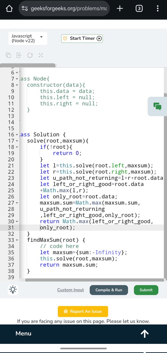 Pratikshak19332's tweet image. ✅ Day 395 of @geeksforgeeks #POTD!
Problem: Maximum Path Sum in a Binary Tree 🌳

Approach:
Used recursion to find max path through each node — considering left, right, and root.
Tracked global maxsum for the best path sum.

#GeeksforGeeks #JavaScript