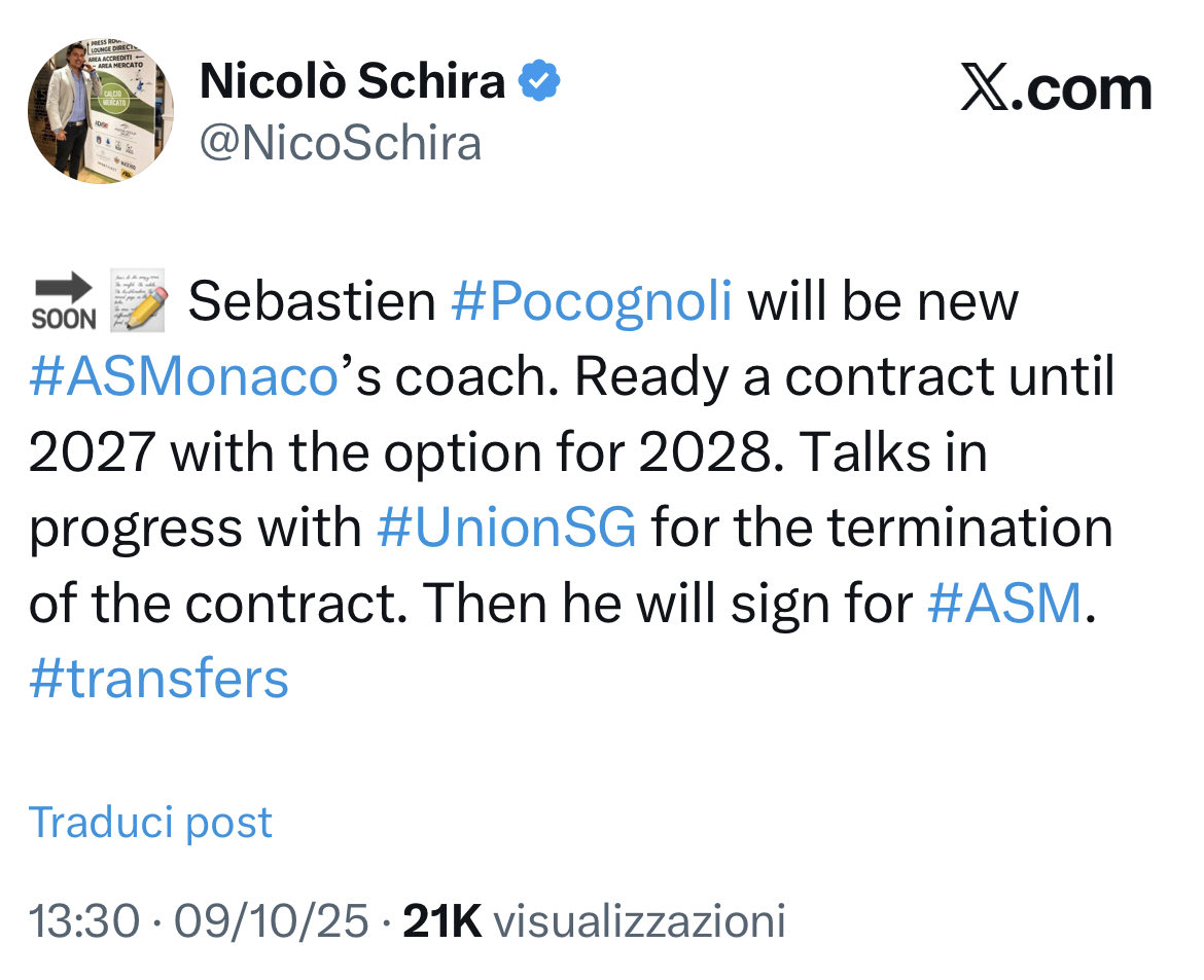 NicoSchira's tweet image. Now it’s official! Sebastien #Pocognoli is new coach of #ASMonaco. Contract until 2027 with the option for 2028. No surprise here and confirmed since the last October 9! #transfers #ASM