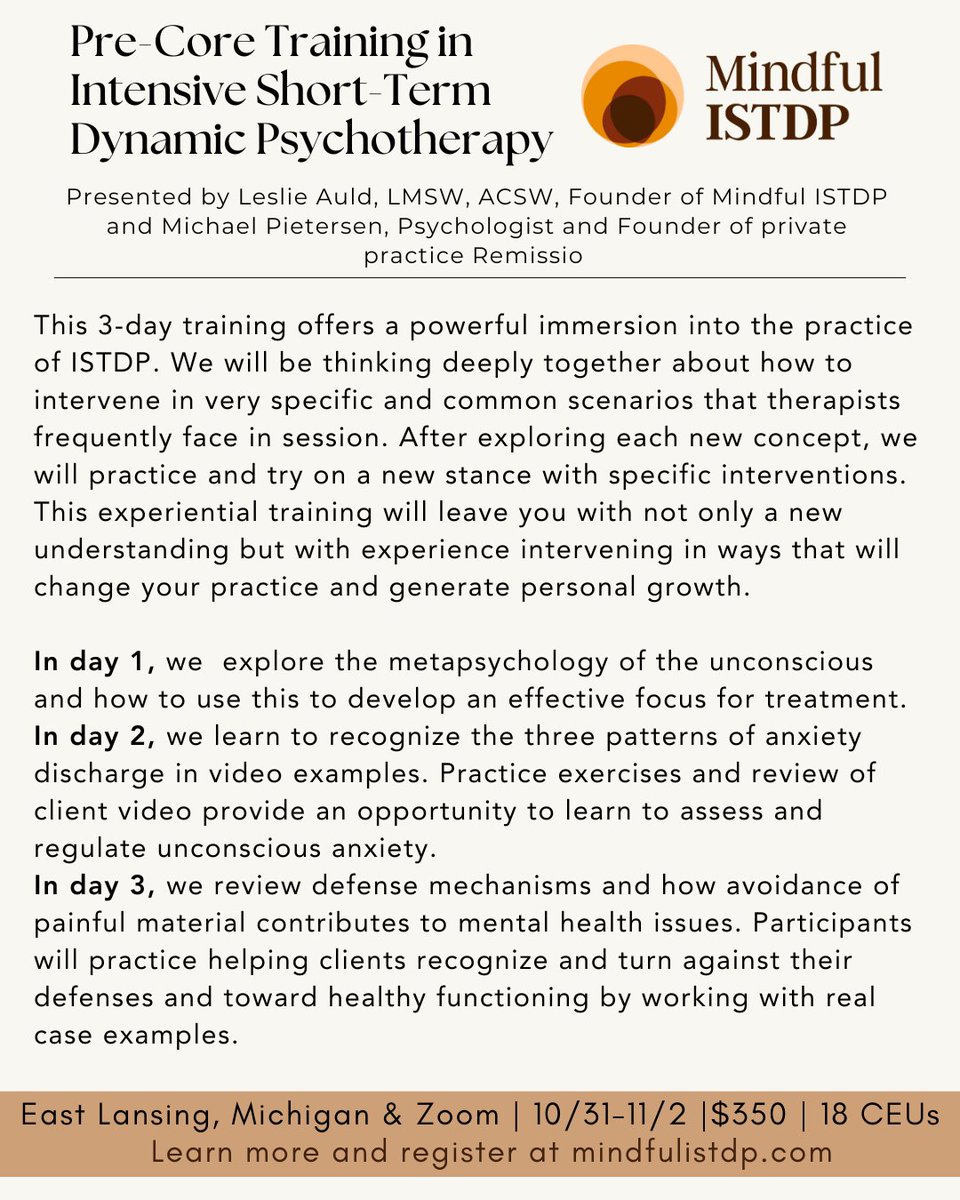 MindfulISTDP's tweet image. There are limited seats still available to join our 3-day Pre-Core Training cohort 10/31-11/2. This is an intimate, small-group, immersive training experience in #ISTDP with fellow courageous learners from around the world. You can learn more &amp;amp; register at hubs.li/Q03NbYZ60