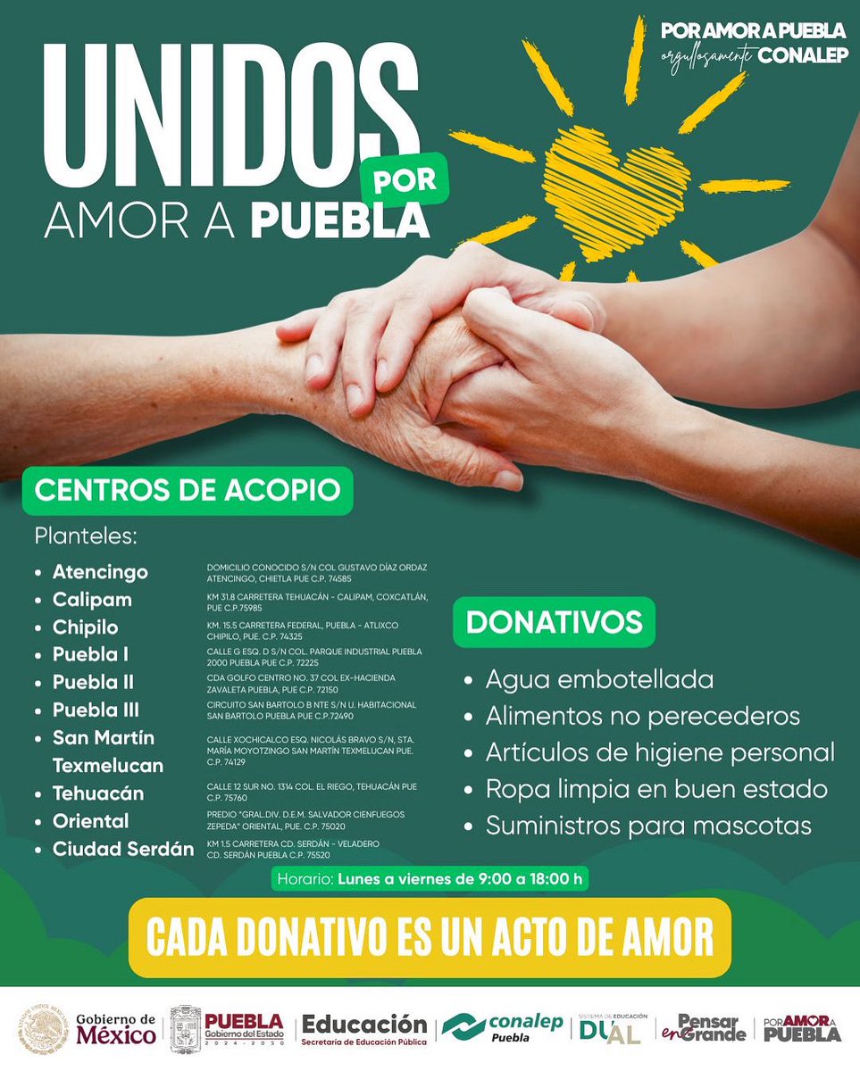 💚🤝 CONALEP Puebla une corazones por #FuerzaPuebla 💪
10 planteles son centros de acopio para ayudar a familias afectadas por lluvias 🌧️✨
#PorAmorAPuebla #OrgullosamenteCONALE