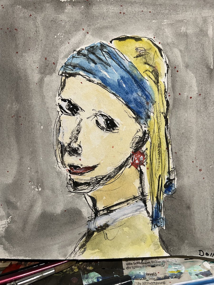 DanielDollase's tweet image. Sketch...girl with a turban...painted with pencils and watercolors...👳‍♀️👳‍♀️ #art #artwork #sketches #watercolor #expressionism