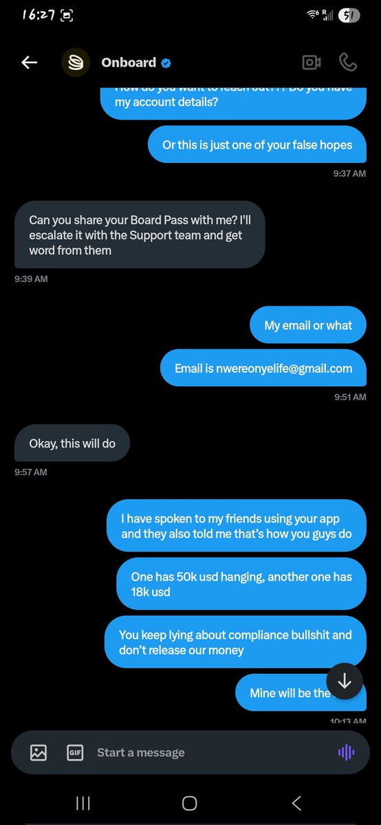 PaulNwereonye's tweet image. This has been my battle with @OnboardGlobal . They having been holding my money for like 2 weeks now and they keep giving me excuses that they are reviewing things. Each time I chat them on the app they keep saying I should send documents about the transaction which I sent to…
