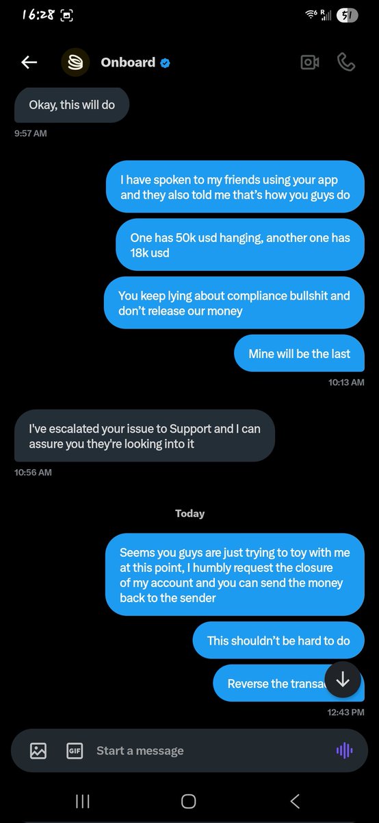 PaulNwereonye's tweet image. This has been my battle with @OnboardGlobal . They having been holding my money for like 2 weeks now and they keep giving me excuses that they are reviewing things. Each time I chat them on the app they keep saying I should send documents about the transaction which I sent to…