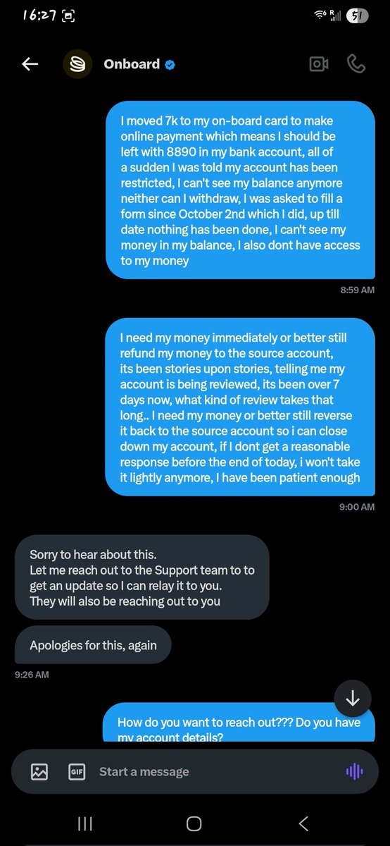 PaulNwereonye's tweet image. This has been my battle with @OnboardGlobal . They having been holding my money for like 2 weeks now and they keep giving me excuses that they are reviewing things. Each time I chat them on the app they keep saying I should send documents about the transaction which I sent to…