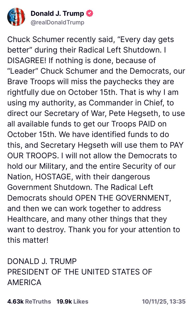 RepRichHudson's tweet image. While Democrats play shutdown politics, President Trump is making sure our troops — including those at Fort Bragg — get paid.
That’s leadership.
