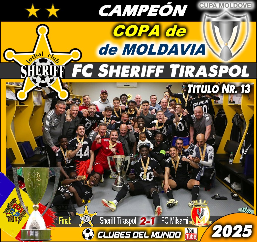 ClubsDelMundo's tweet photo. Gracias a un gol en el descuento el FC SHERIFF TIRASPOL conquista su decimotercer Titulo de la COPA MOLDAVA. Enhorabuena. #CupaMoldovei #Tiraspol #Moldova #Moldavia #SheriffTiraspol #FCSheriff @FutSheriff @FotclubSheriff @fc_sheriff https://t.co/Q8NVDwuwHY