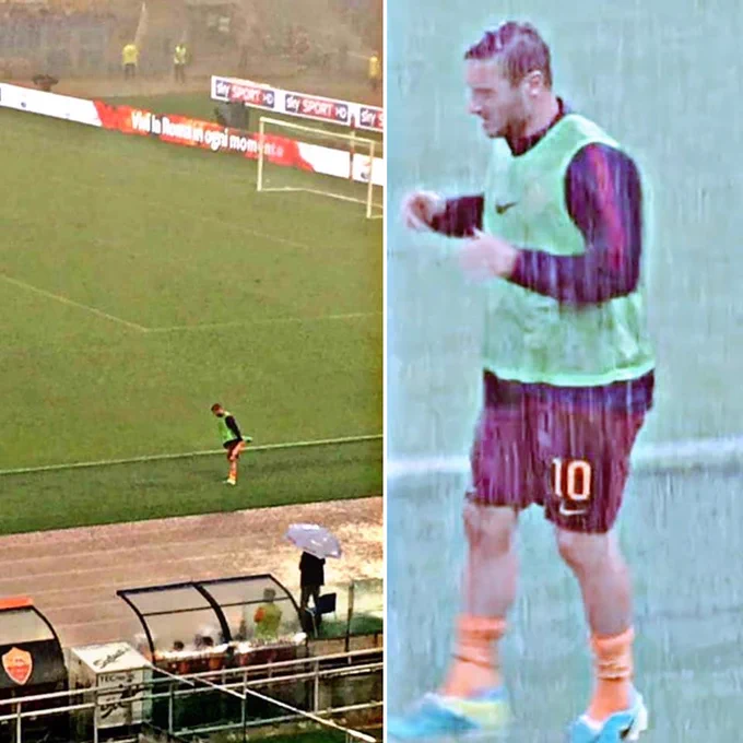FootballTalkHQ's tweet photo. On September 11, 2016, Roma lost 2-1 to Sampdoria, and the match was suspended for an hour due to a deluge of rain. All the players, coaches, and substitutes then ran to the locker room to protect themselves except Totti who continued to warm up on the sidelines.

The match then resumed and Totti returned. He then made the decisive pass on the equalizing goal for Roma (2-2) before scoring at the last minute the winning goal for Roma who won 3-2.

Legend 👏