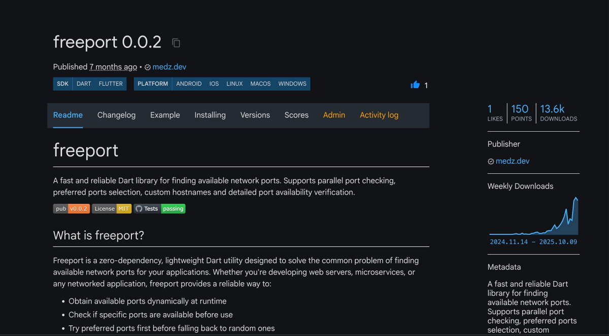shiweidu's tweet image. pub.dev/packages/freep…
Sometimes infrequent updates do not mean instability. Freeport only solves one problem, which is to check network ports and obtain available ports.
#Dart #ServerDev