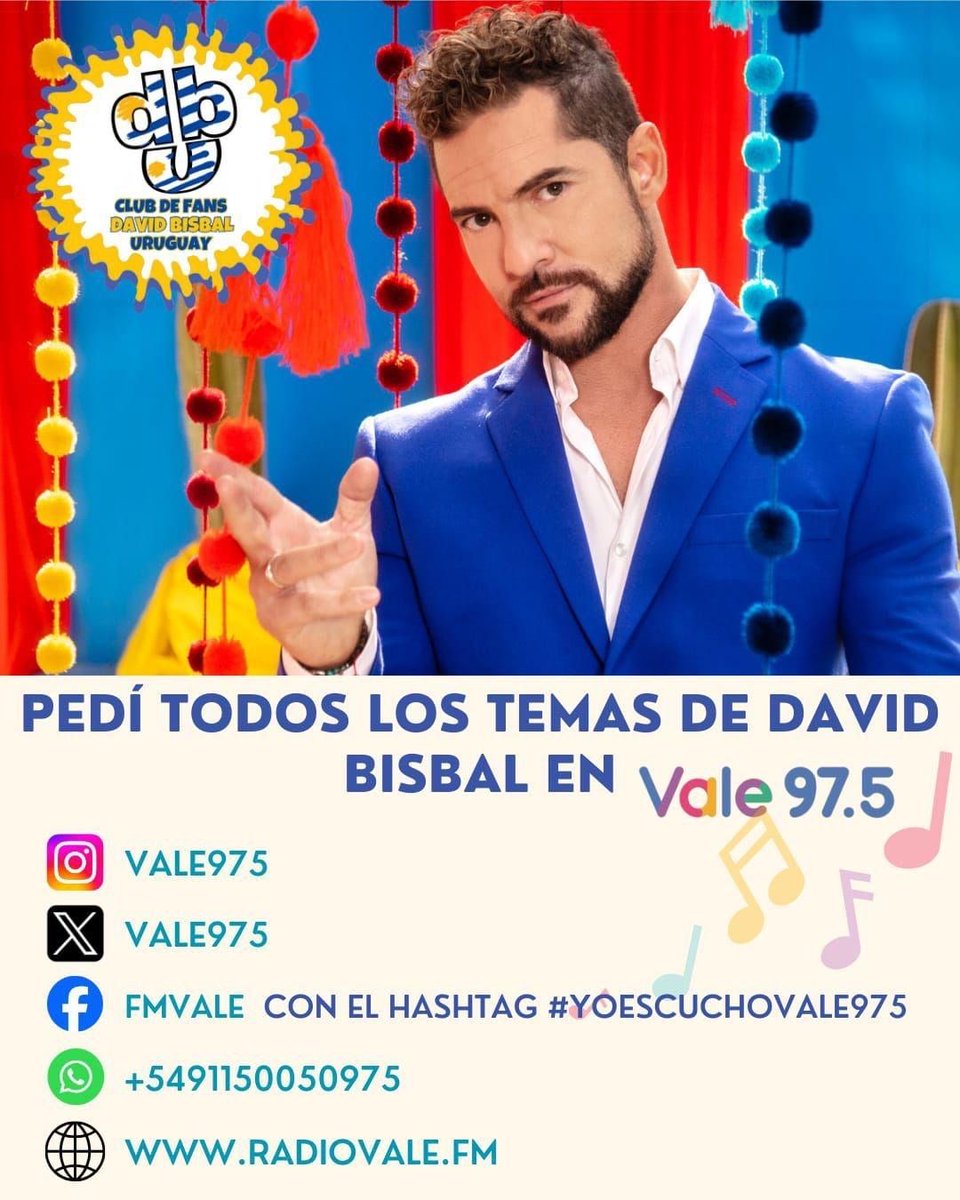 FCDavidBisbalUY's tweet image. No dejes de pedir las canciones de @davidbisbal en @vale975 

@umuruguay @umargentina @universalspain 
#david #bisbal #davidbisbal #yoescuchovale975 #rankingvale #fm #radio #musica #españa #argentina #uruguay