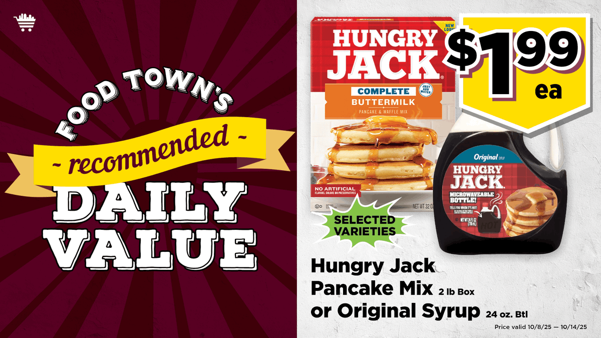 Food Town RDV: Hungry Jack Pancake Mix (2 lb. box) or Original Syrup (24 oz bottle): $1.99 each. (Valid through 10/14/25). rdv #save #everydayvalues#foodtownhouston