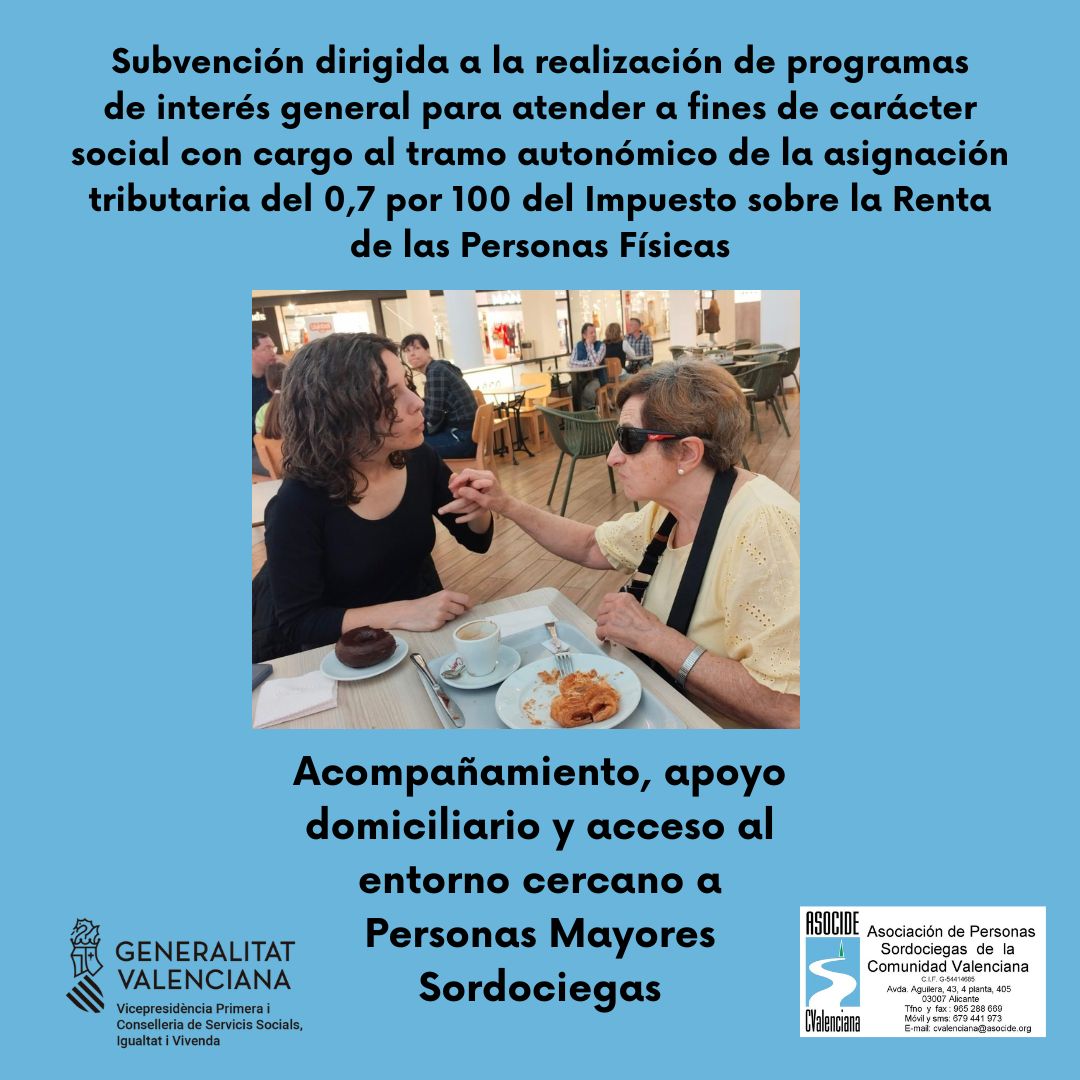 Gracias a <a href="/GVAIgualtat/">GVAIgualtat</a> por la subvención de IRPF 2025 para el programa Acompañamiento, apoyo domiciliario y acceso al entorno cercano a Personas Mayores Sordociegas.
Gracias a los 2.419,29€, podemos seguir mejorando la calidad de la vida de las personas mayores Sordociegas.