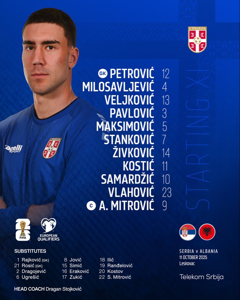 IttiMania's tweet image. 🇷🇸 صربيا 🆚 ألبانيا 🇦🇱 

يتواجد ماريو ميتاي في التشكيلة الأساسية ✅

يتواجد رايكوفيتش وسيميتش على مقاعد البدلاء 💺

ينطلق اللقاء بعد نصف ساعة من الان في الساعة 9:45 مساءً، المنتخب الفائز سيقترب من ضمان مقعد الملحق للتصفيات الأوروبية المؤهلة إلى كاس العالم 2026 🌏✅