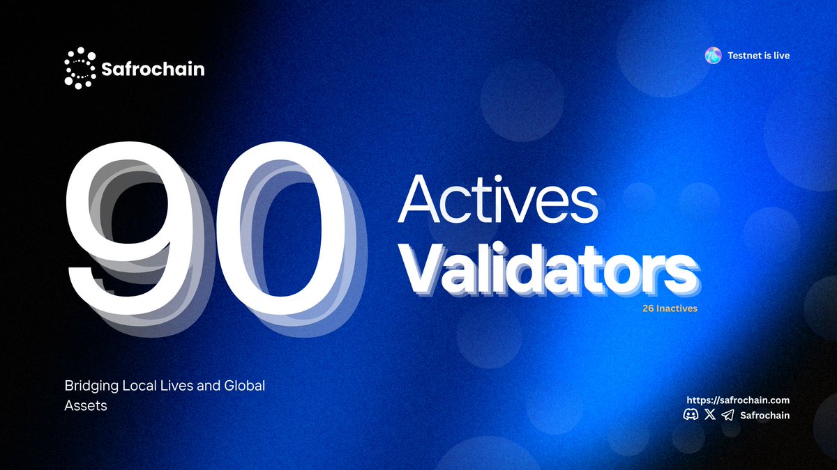 safrochain's tweet image. Safrochain has reached 90 Validators.

A growing network of independent participants is now securing the chain, strengthening decentralization and trust.
This milestone reflects rising confidence in Safrochain’s mission and long-term vision.
The network is expanding and we’re…