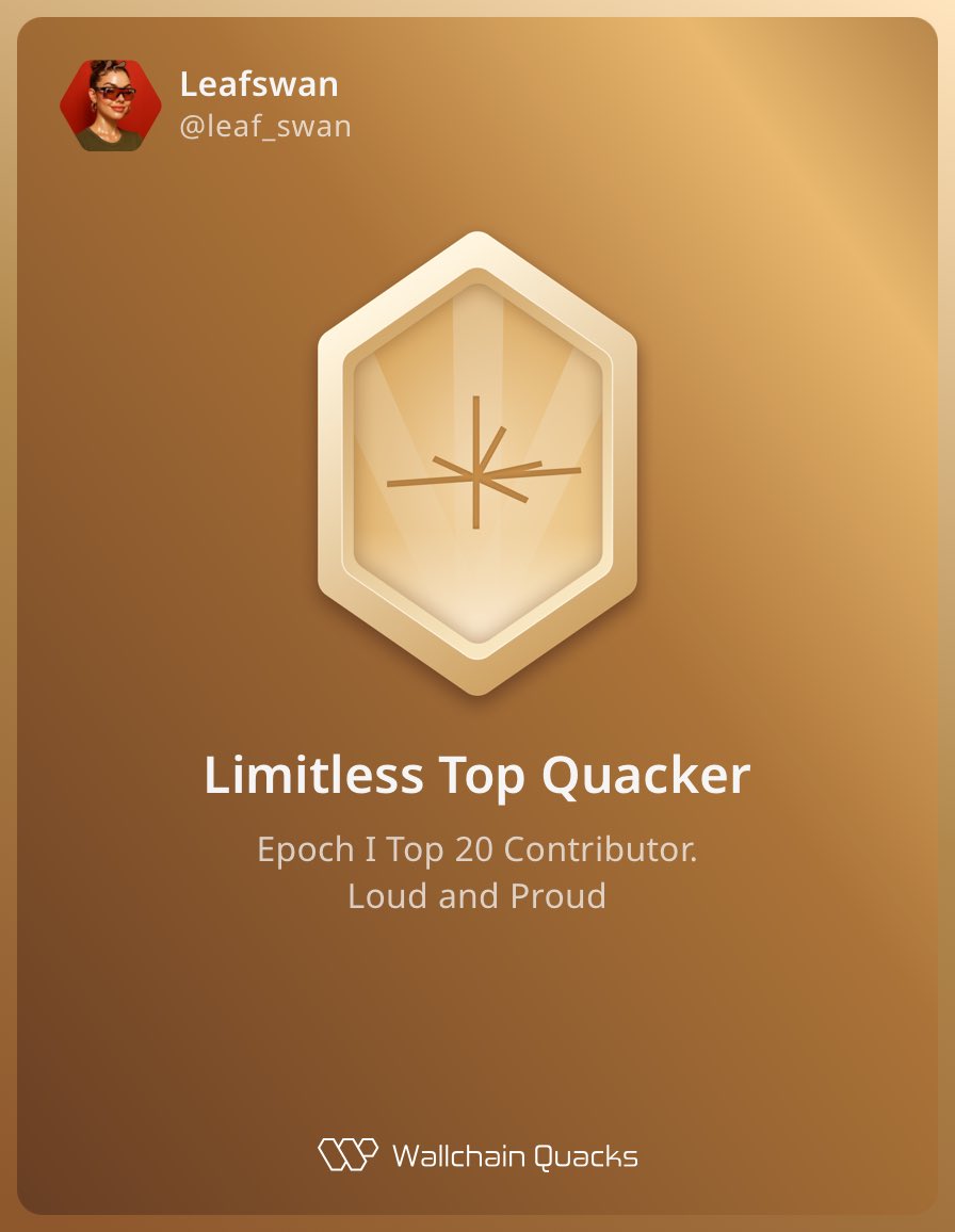 leaf_swan's tweet image. These are my badges so far.
IMO the ‘ early Quacker ‘ badge is the most important.

There’s GOLD, Silver and BRONZE.
There are only 4 DAYS left to get this badge on @wallchain_xyz DON’T fade it.

It prob means a multiplier on the airdrop or some advantage

quacks.app/?ref=leaf_swan&amp;amp;